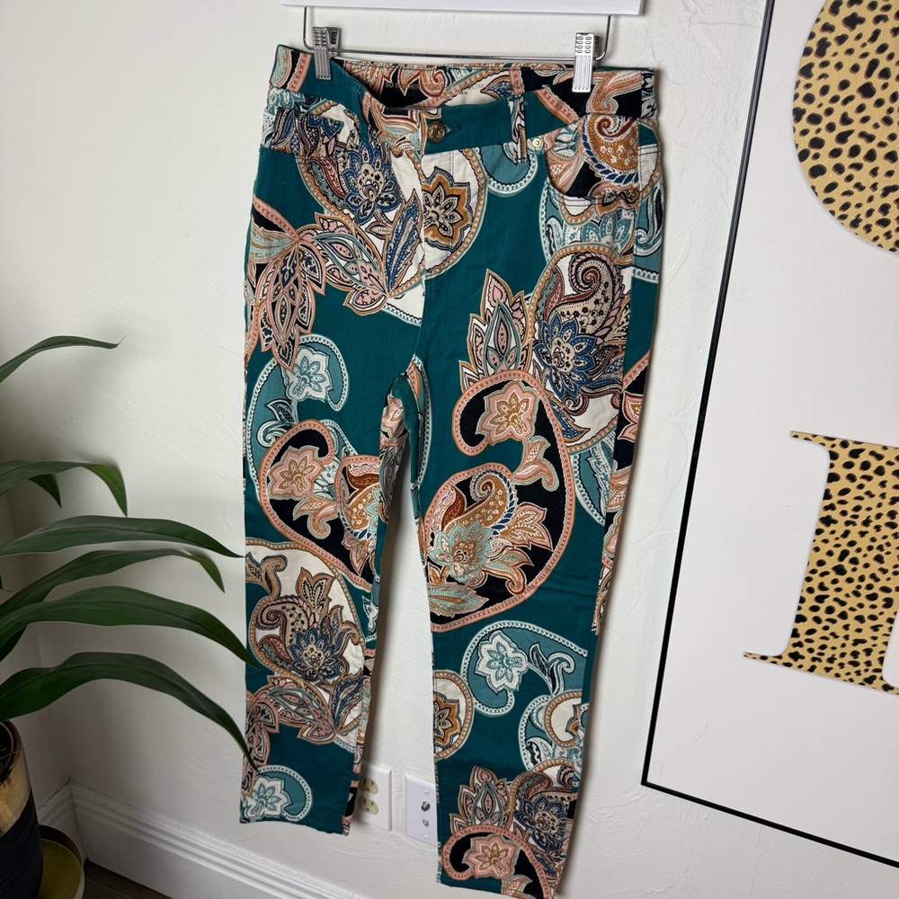 Chico’s So Slimming Girlfriend Ankle Pants – Teal Paisley Print, Size 1 (Medium)